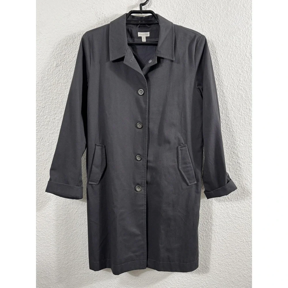 Garnet Hill Coat Womens 8 Dark Gray Organic Cotton Twill‎ Trench Lined Pockets